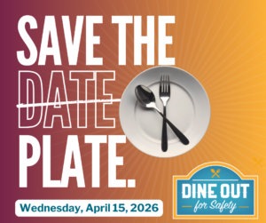 Promotional graphic for Dine Out For Safety 2026 featuring a plate and silverware with the date April 15.